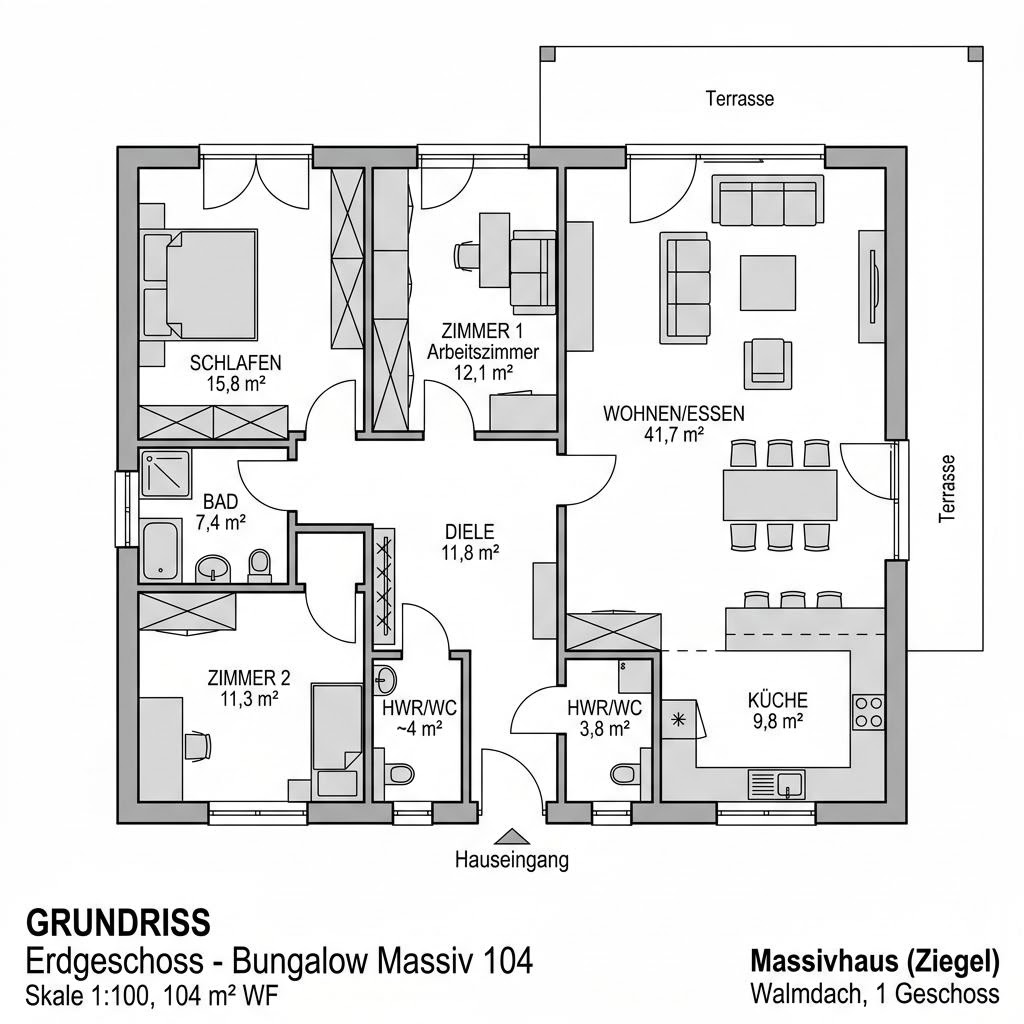 Grundriss Bungalow Massiv 104 Grundriss Bungalow Massiv 104 von Ytong Bausatzhaus