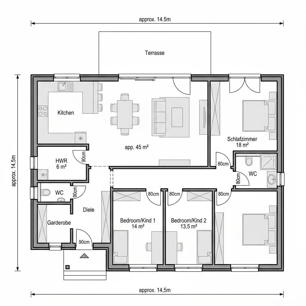 Grundriss EFH 124 – 125 m² Bausatzhaus mit 4 Zimmern