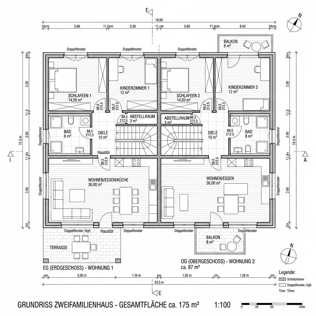 Grundriss Plus 175 – 175 m² Zweifamilienhaus mit 6 Zimmern