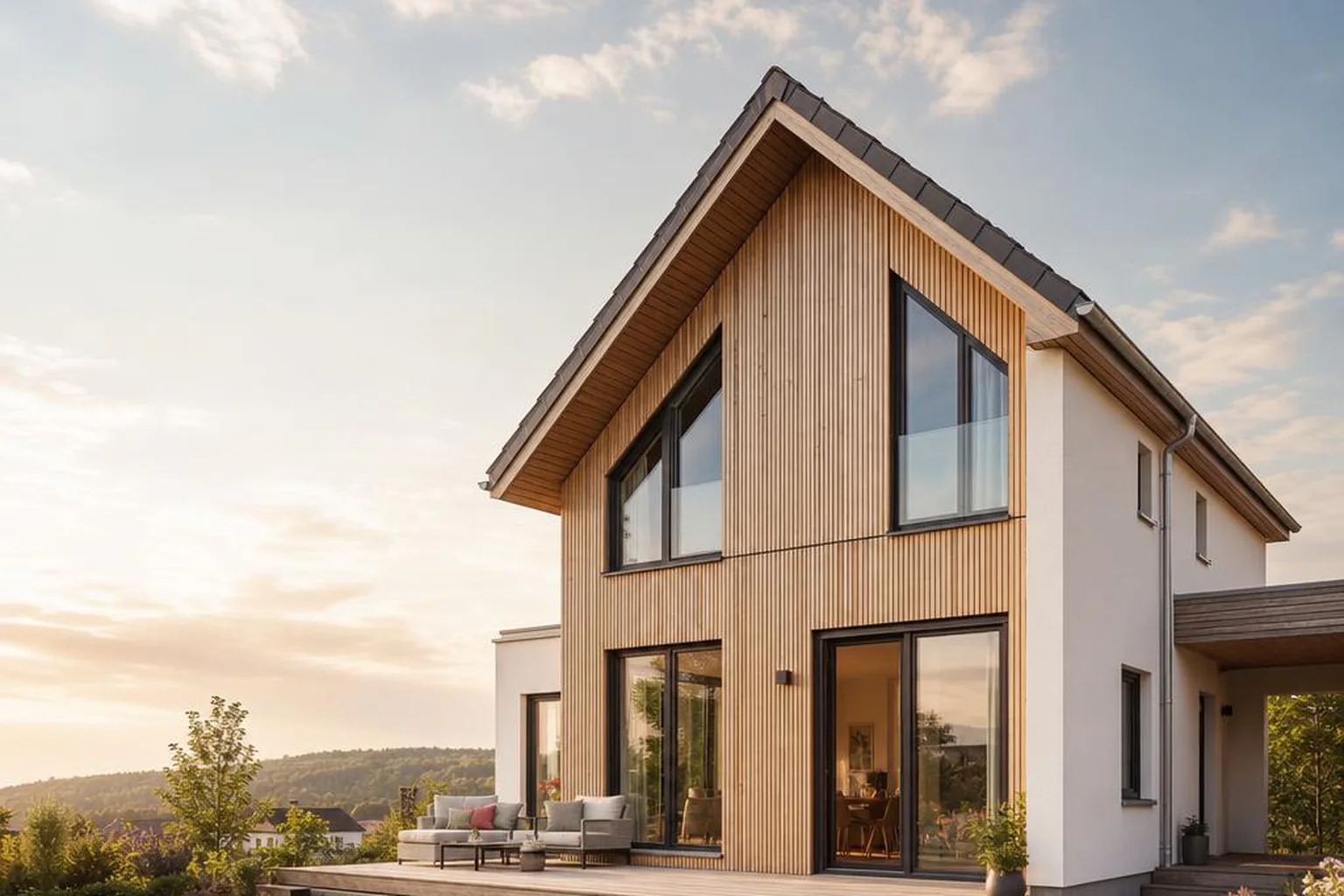 Modernes bezugsfertiges Fertighaus mit Holzfassade, großen Fenstern und angelegtem Garten