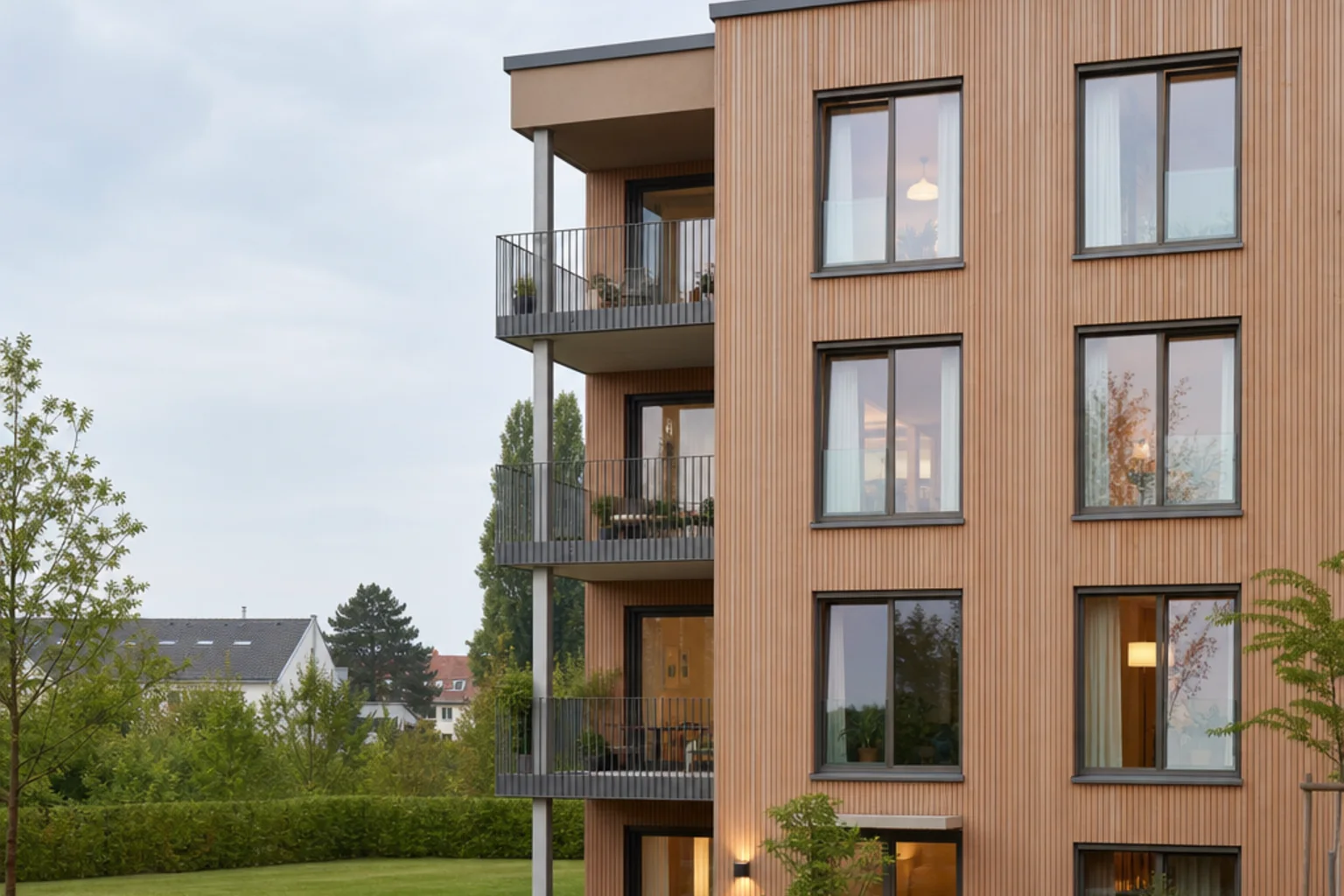 Fertighaus-Mehrfamilienhaus kaufen: modernes Holzbau-Mehrfamilienhaus mit Flachdach und begrüntem Vorplatz als schlüsselfertiges Bauprojekt