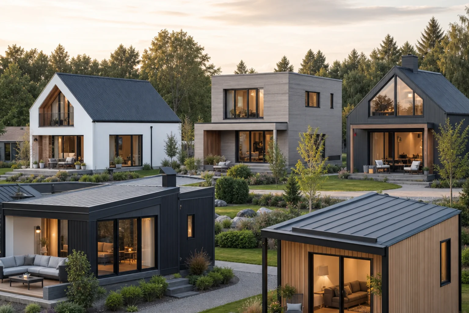 Collage verschiedener Fertighaus-Typen: Einfamilienhaus, Bungalow, Stadtvilla und Doppelhaus in einer übersichtlichen Marktdarstellung