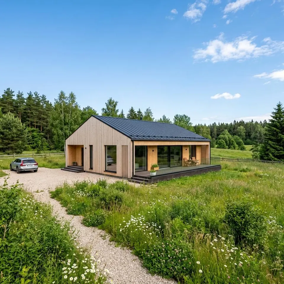 Holzrahmen-Fertighaus aus Lettland vor waldreicher Landschaft – Fertighaus aus Lettland 2026 Holzrahmen-Fertighaus aus Lettland vor waldreicher Landschaft – Fertighaus aus Lettland 2026